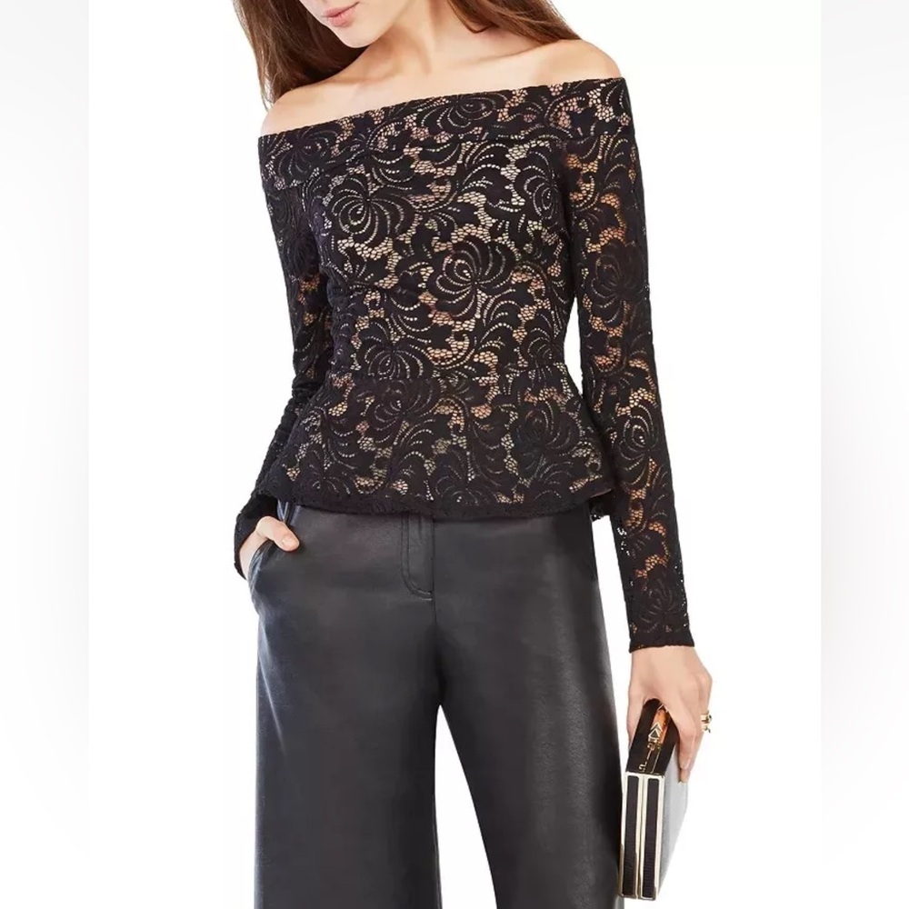 BCBGMAXAZRIA Alea Off-the-Shoulder Lace Top Sz M